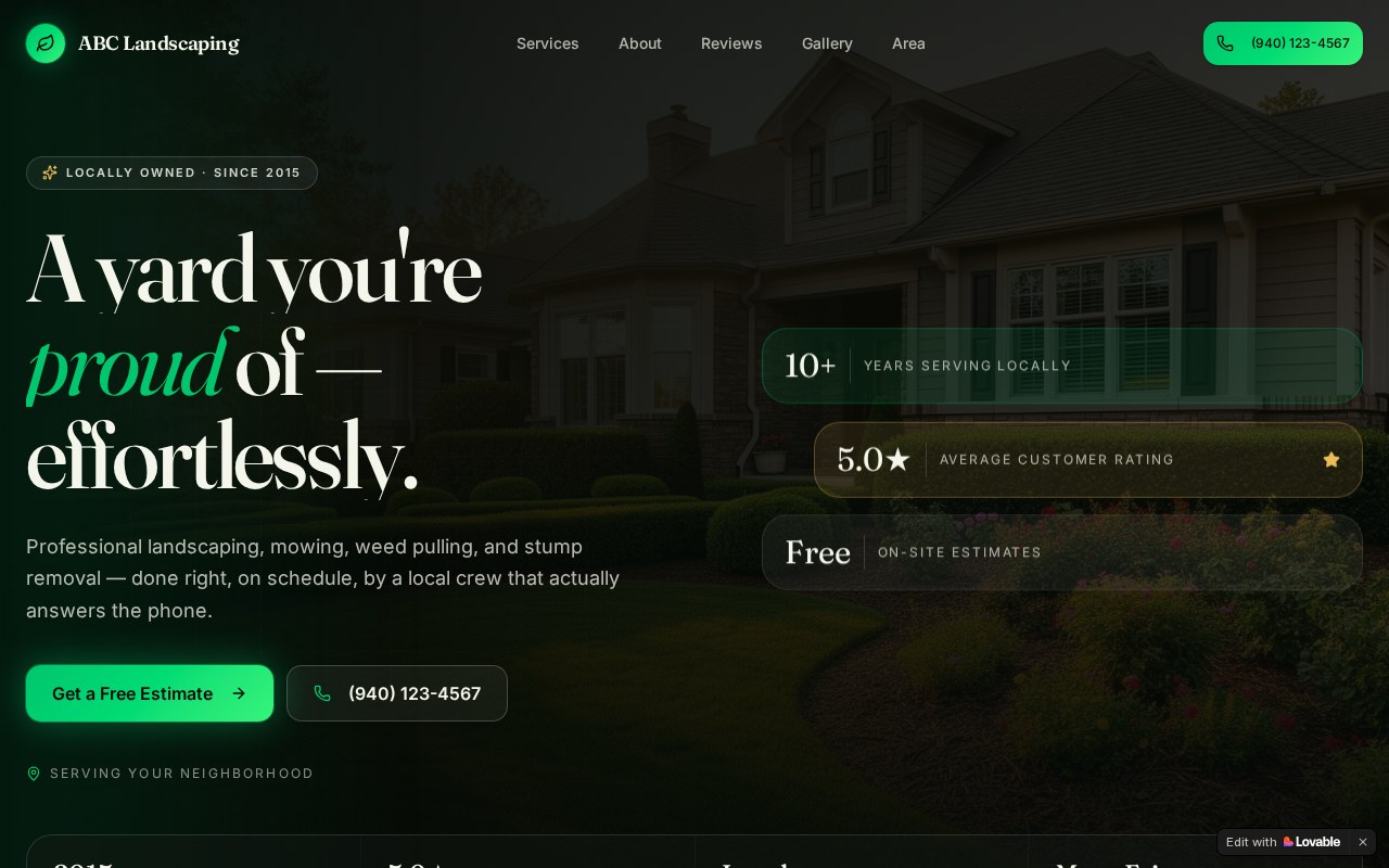 Example one-page landscaping website built by WrenSites
